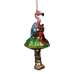 Pretty Pink Flamingo Playing Guitar on Palm Tree Glass Christmas Ornament